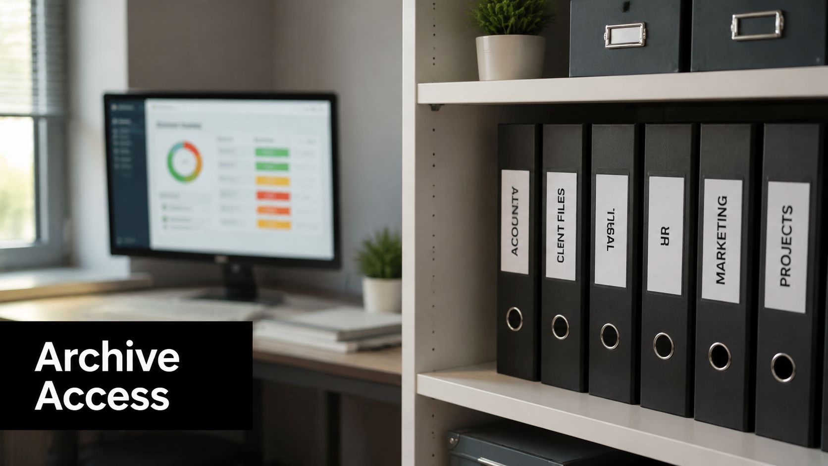 A professional office bookshelf containing organized black binders labeled for accounting, client files, legal, HR, marketing, and projects.