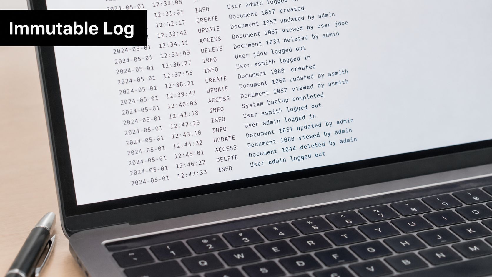 A laptop screen displaying an immutable log showing various user activities, system updates, and document management events.
