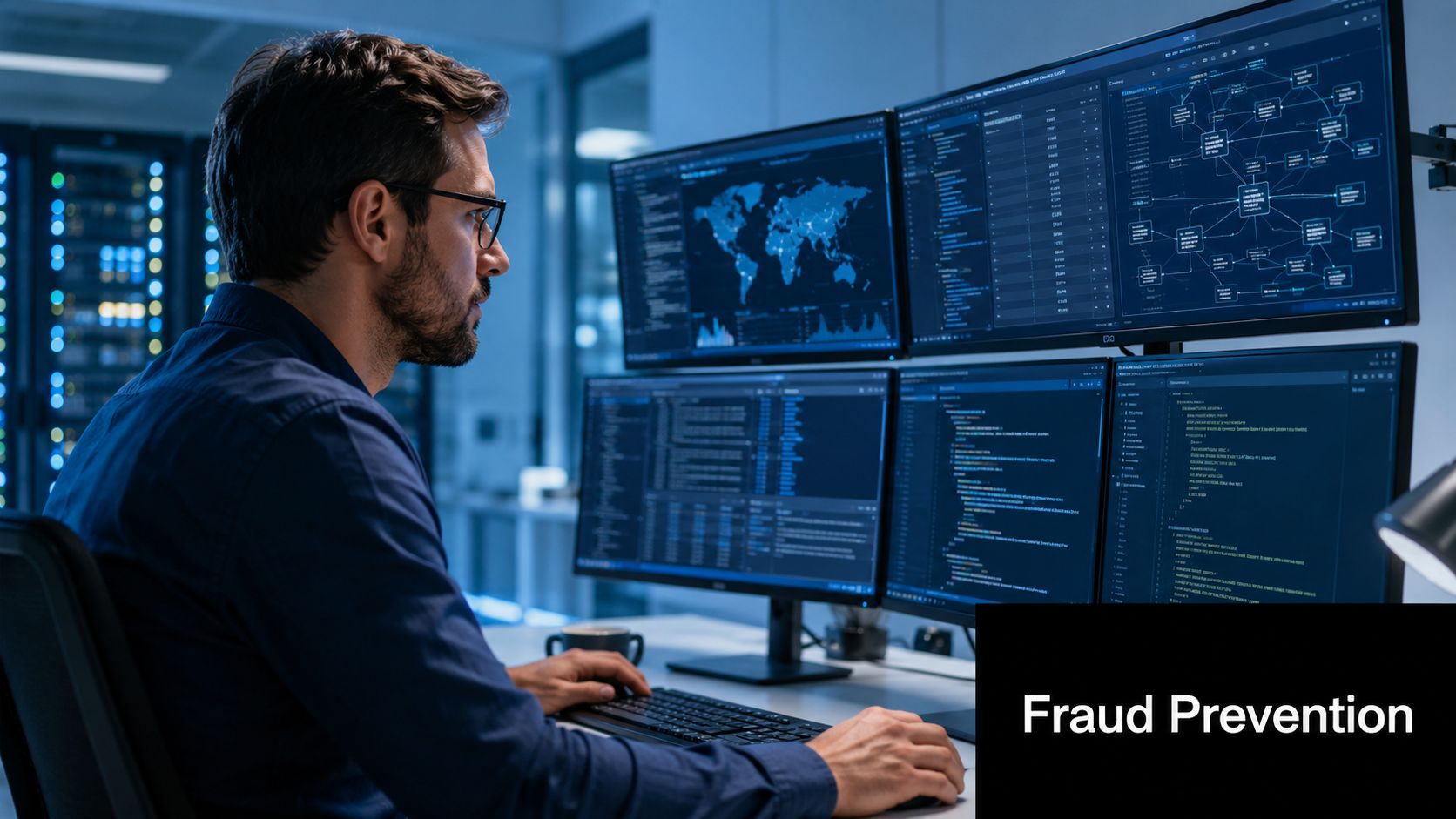 A professional developer analyzing cyber security data on multiple monitors in a dark, high-tech server room.