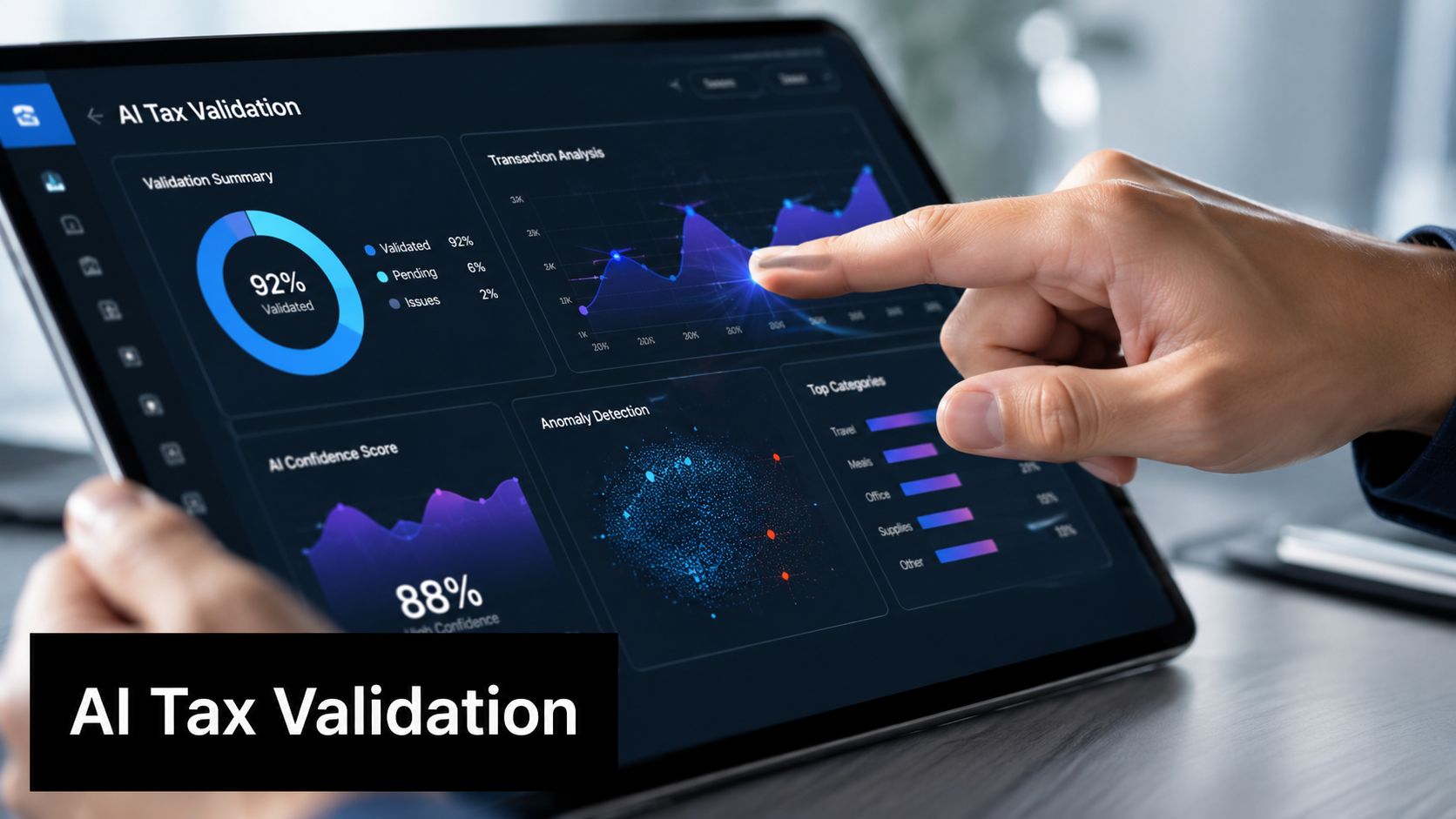 A professional using a tablet to view an AI-powered tax validation dashboard with data charts.