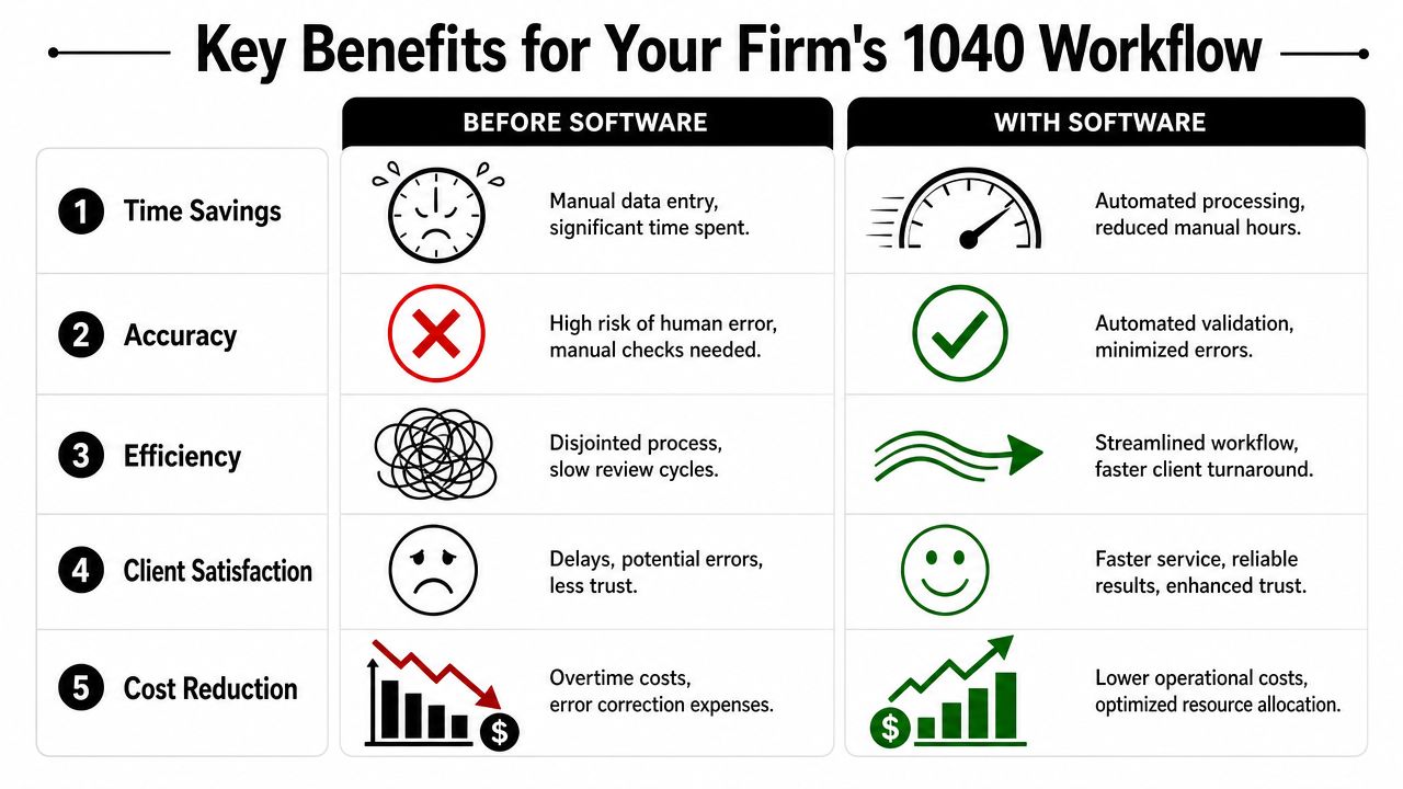 A comparison chart showing how software improves 1040 tax workflows by increasing efficiency, accuracy, and client satisfaction.