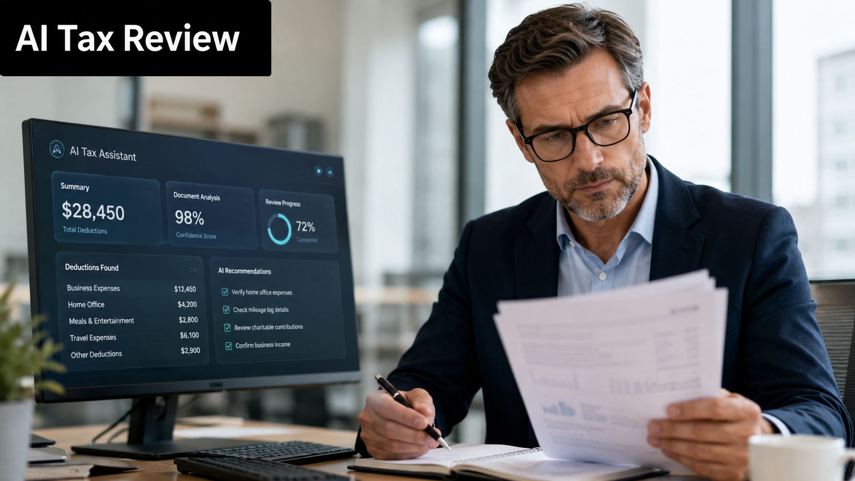 A professional man in a suit reviewing tax documents with the help of an AI assistant dashboard.