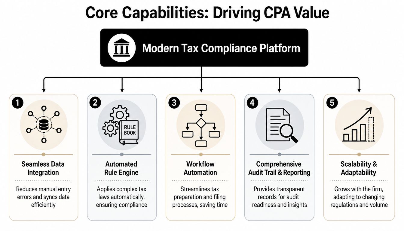 A diagram illustrating five core capabilities of a modern tax compliance platform for CPAs and accounting firms.