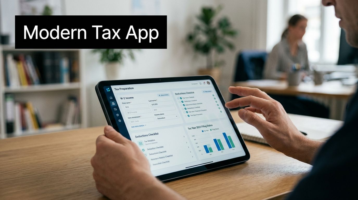 A person using a tablet to navigate a tax preparation software application in an office environment.