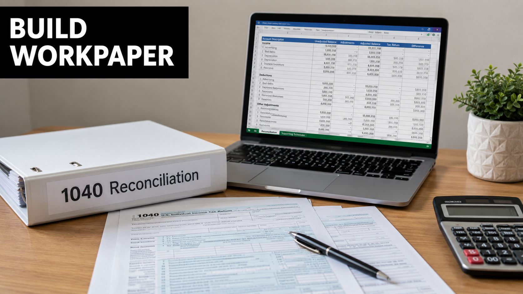 A professional desk workspace featuring a laptop displaying tax reconciliation spreadsheets, a 1040 document, and a calculator.