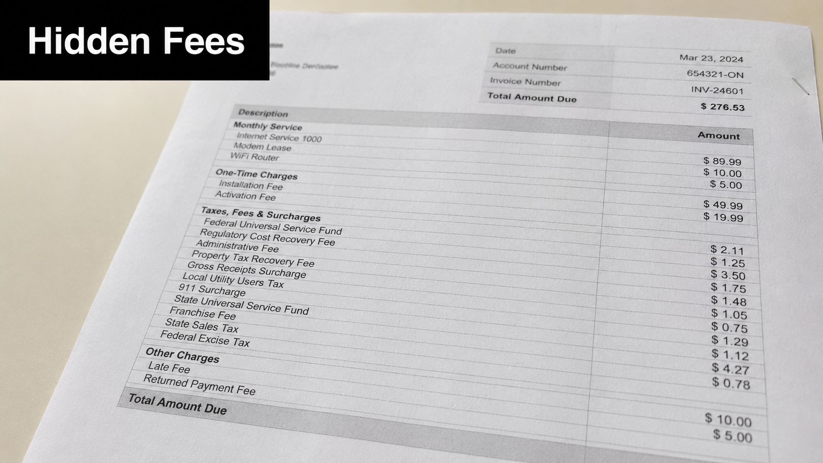An invoice showing detailed monthly services, one-time charges, taxes, fees, and surcharges for internet utility billing.