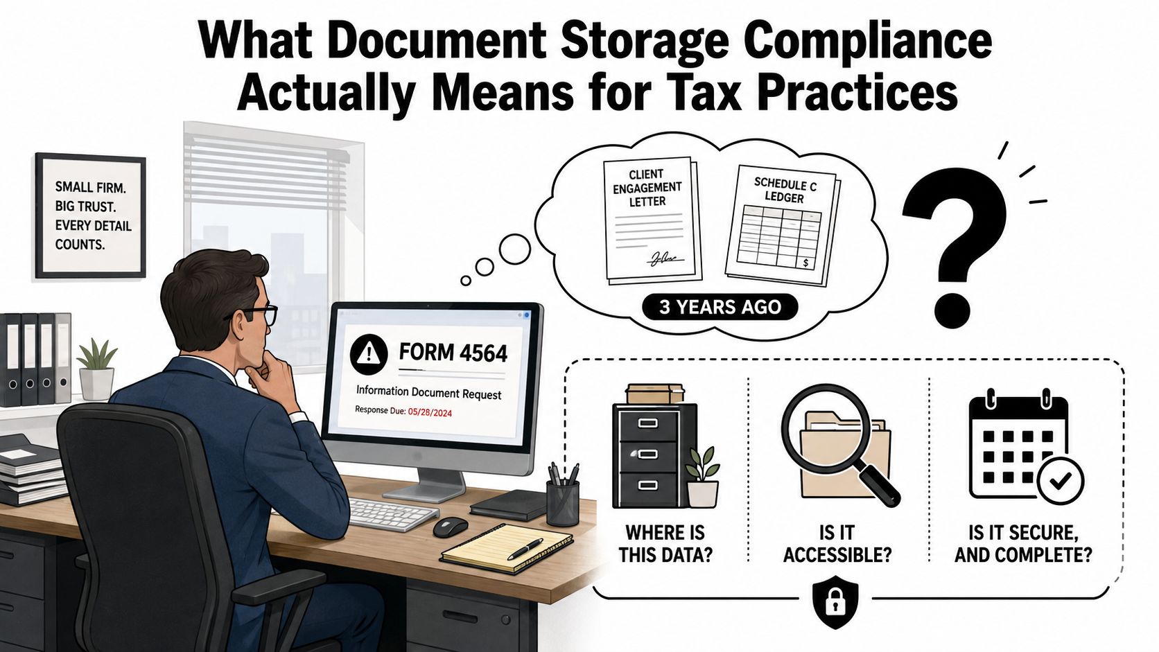 A professional working at a desk wondering about document storage compliance for tax practice records and security.