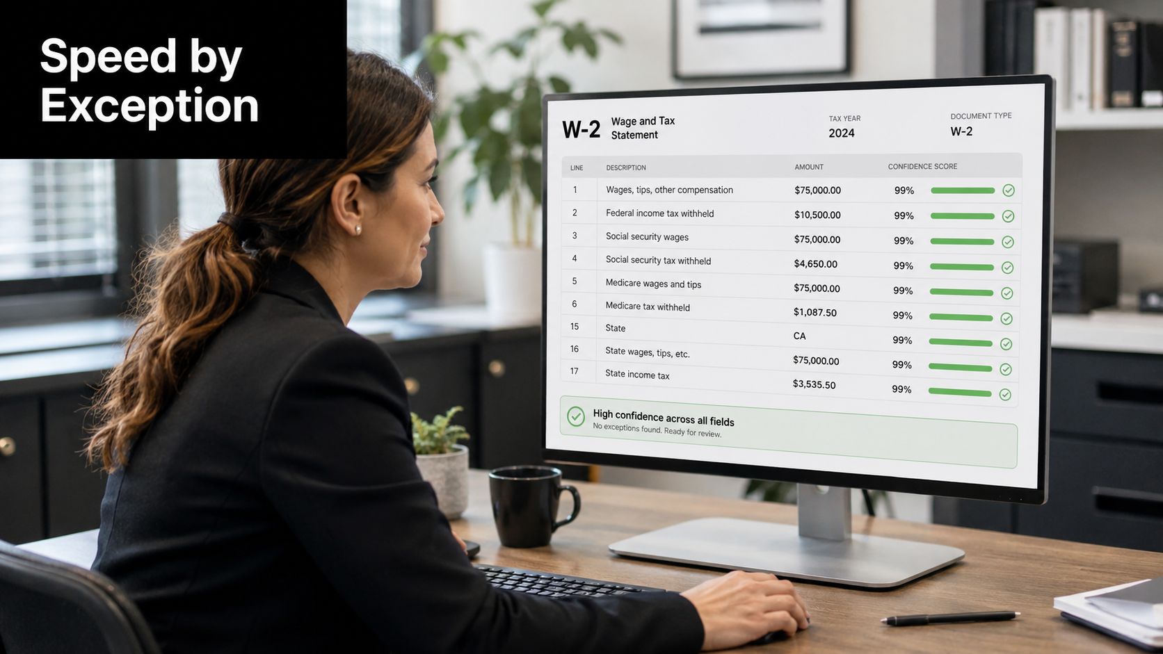 A professional woman working at a computer screen displaying an automated W-2 tax document data extraction process.