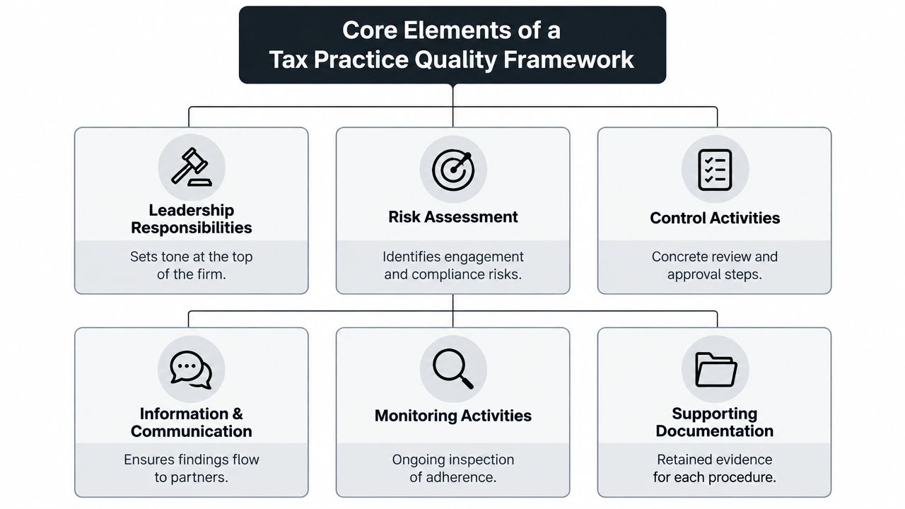 A diagram outlining the six core elements of a tax practice quality framework for professional firms.