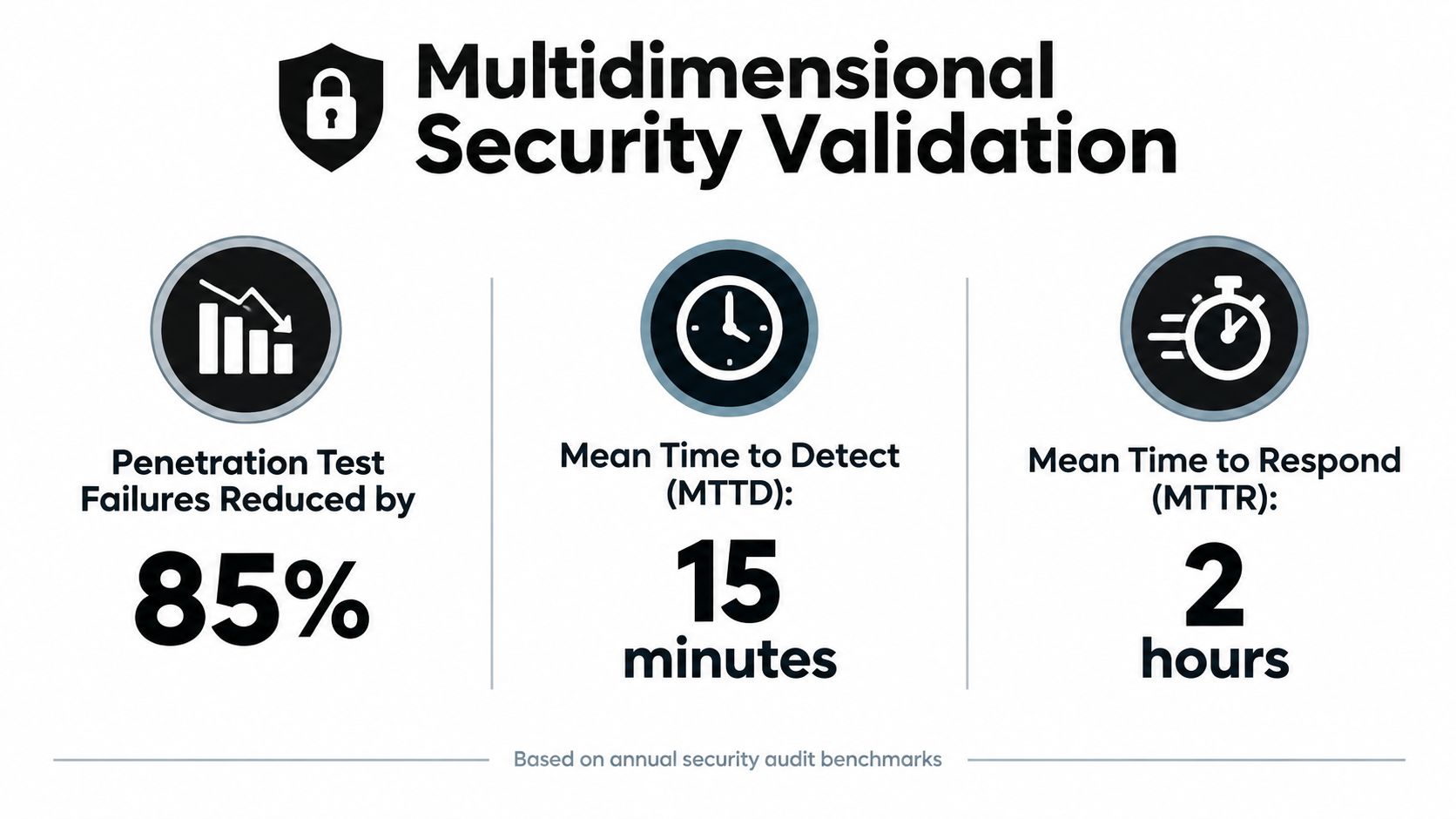 An infographic titled Multidimensional Security Validation showing 85 percent reduced penetration test failures, 15 minute MTTD, and 2 hour MTTR.