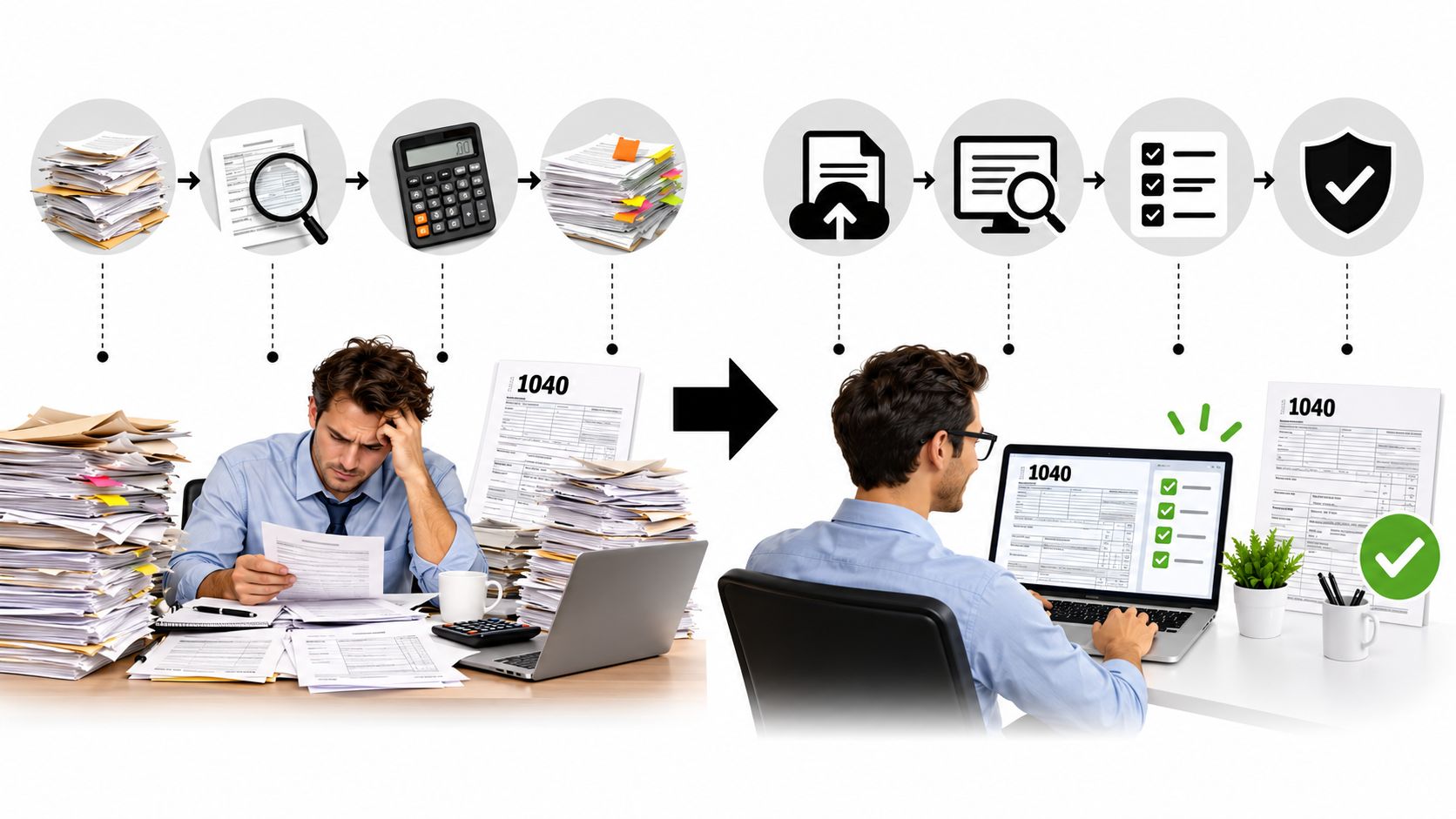 A man transitioning from manual paper tax filing to efficient digital document management software for tax preparation.