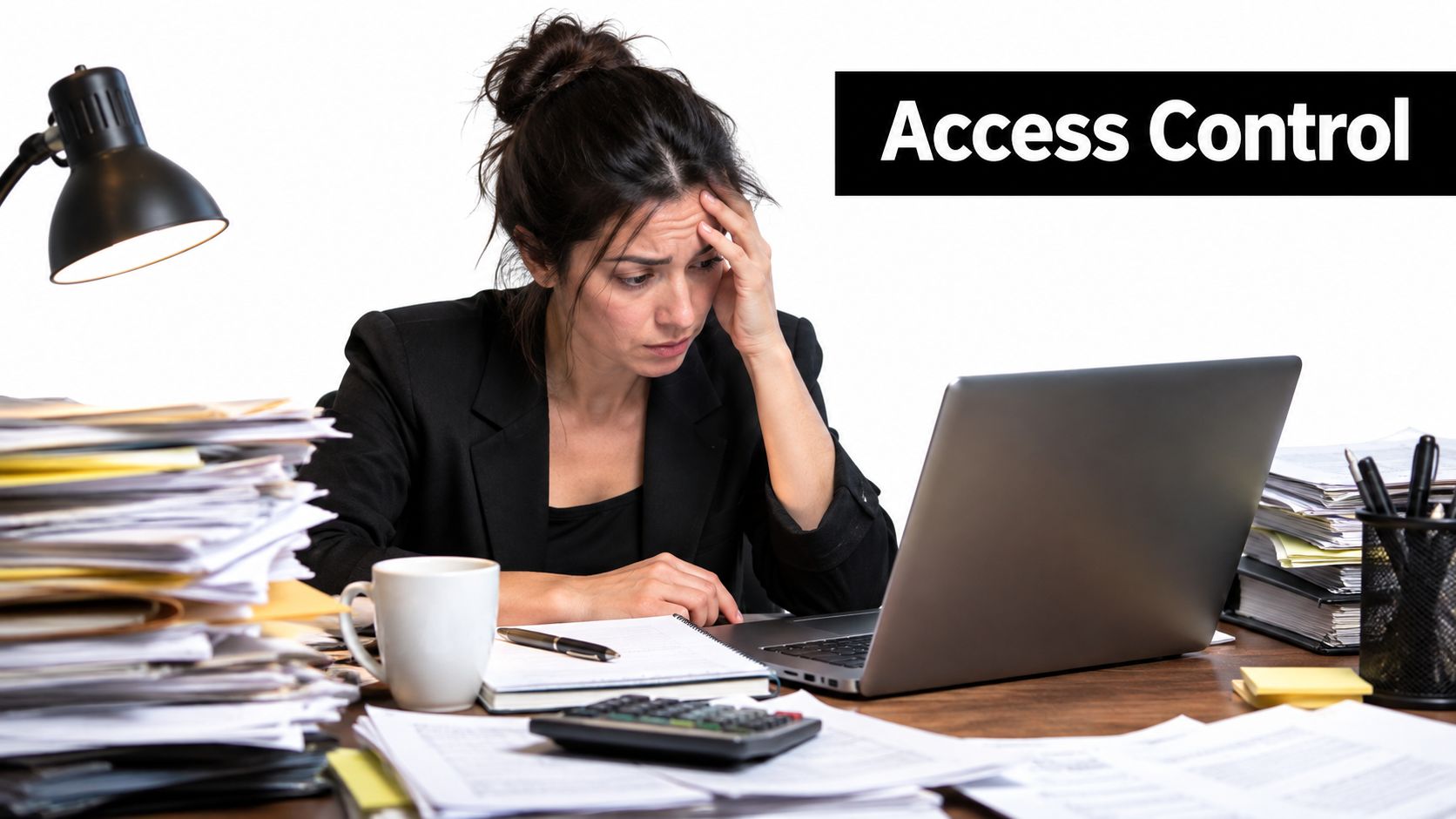 A stressed woman working at her cluttered desk with a laptop and piles of paperwork.