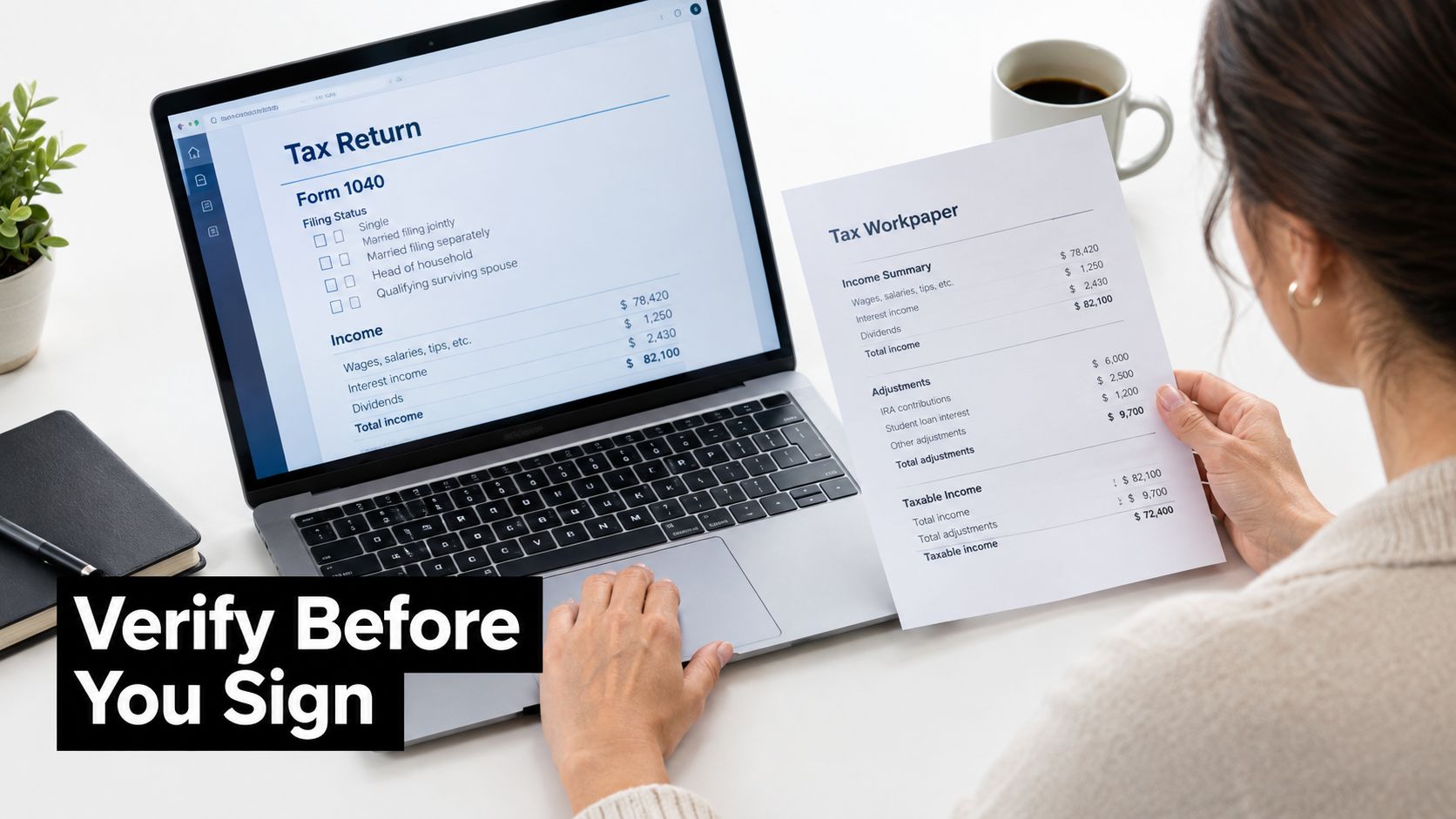 A person reviewing tax return documents and income information on a laptop and paper sheet.