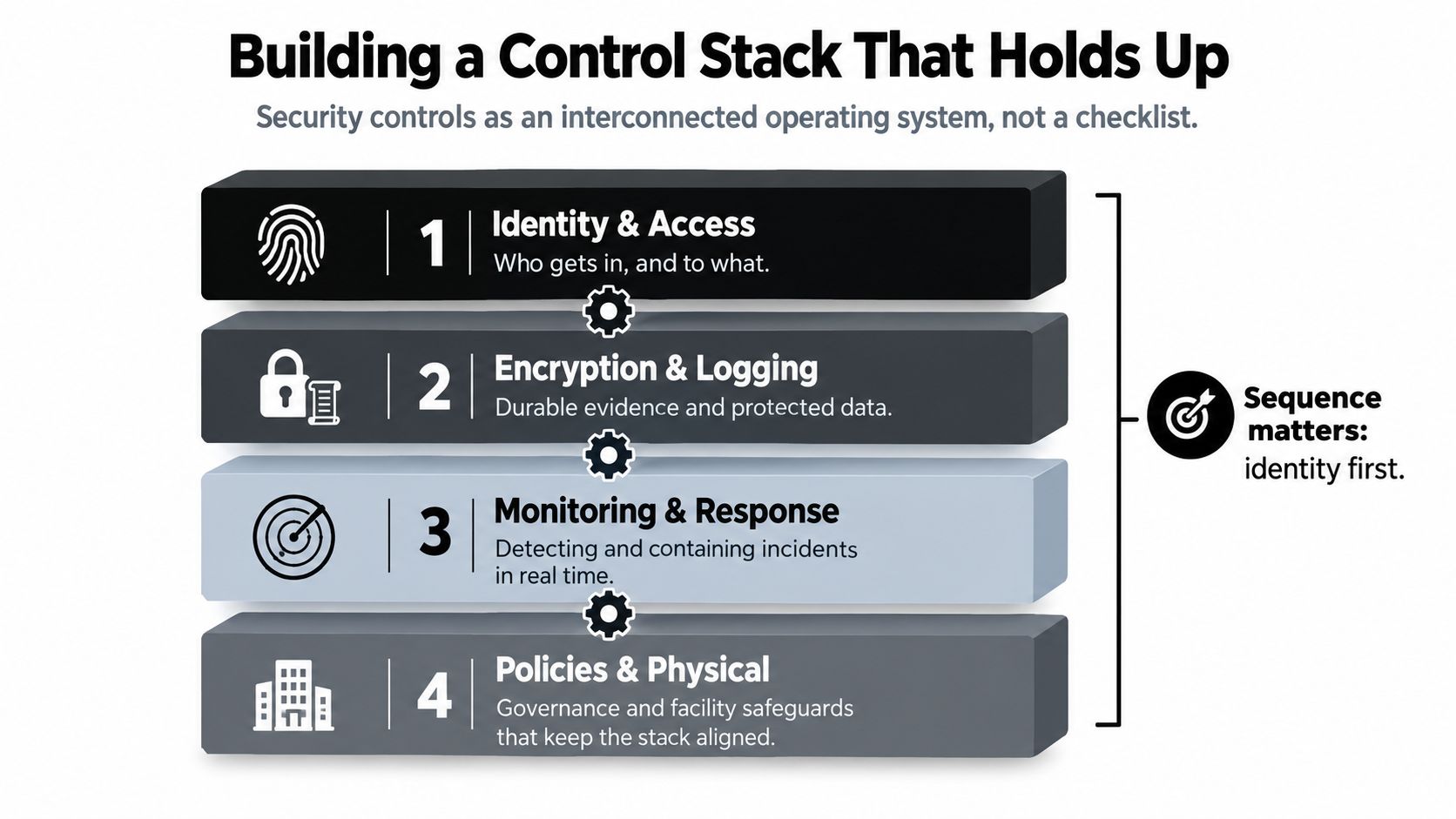A diagram illustrating a four-layer security control stack starting with identity and access as the foundation.